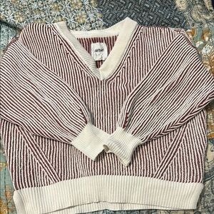 Aerie V-Neck Sweater Red and Cream Stripes